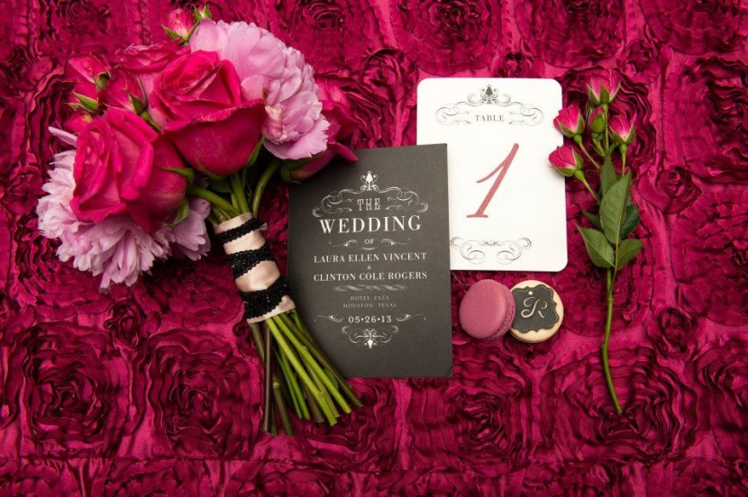 Bold, Dramatic, Romantic, Sultry are just a few styles of describing this fabulous wedding's style and design. Invitations: Wedding Paper Divas, Floral: Tamara Menges, Macarons: Macaron by Patisse