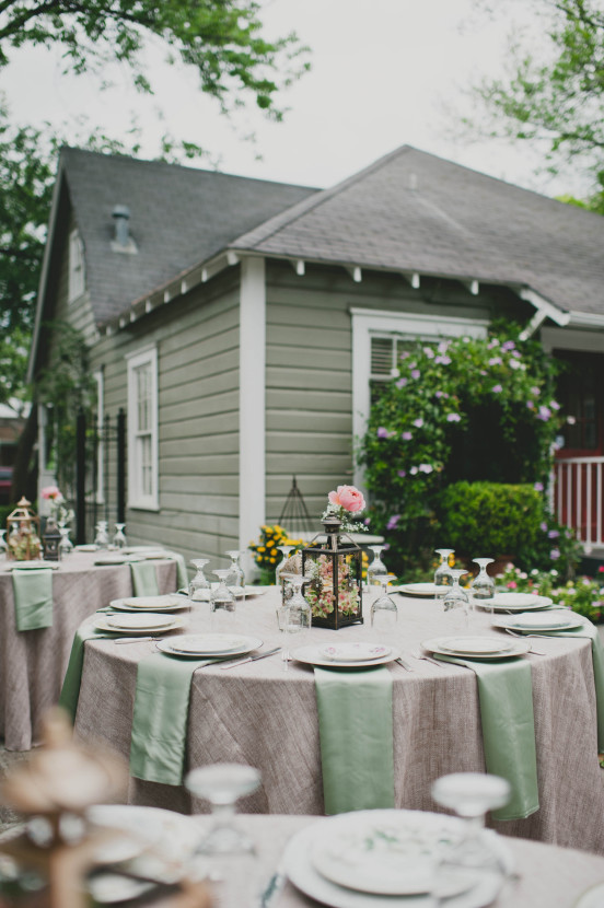 Sage and Peach color combo on burlap linens from Any Occasion Rentals. 