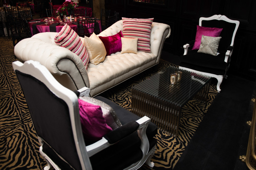 We wanted to make the area near the mantle stand out and what better way than custom lounge seating. Laura also created custom pillows to match her palette and now uses them in her home. Furniture: Two Be Wed