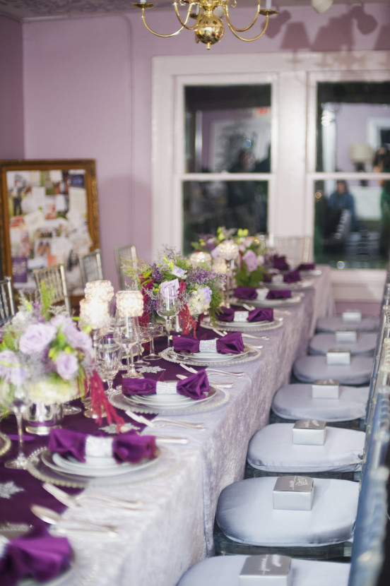 We tried to steer away from traditional holiday colors, trading out red for amethyst.