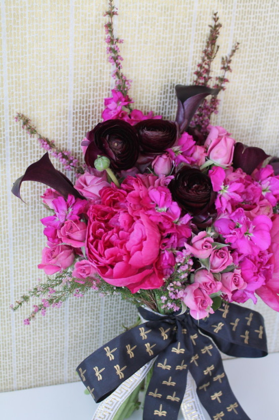 Tamara is a floral genius and has us swooning over this Radiant Orchid themed bouquet! Not to mention the adorable gold dragonfly bow...too much!