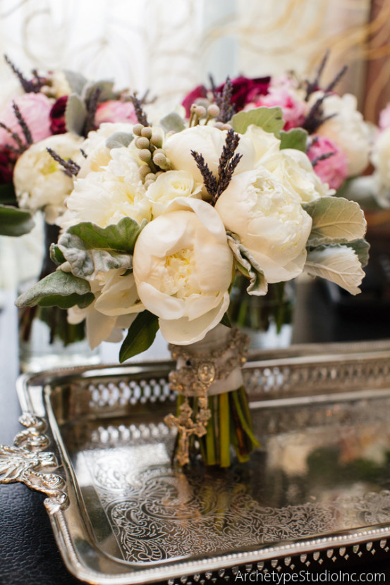 Traditional and chic all white peony bridal bouquet. Vanessa wrapped her family's rosary for a personal touch. Floral by Tamara Menges.
