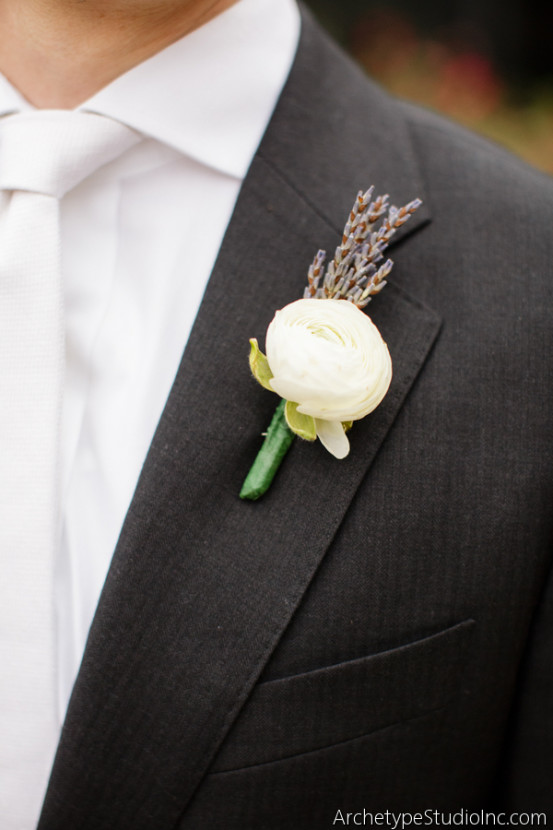 Ranunculus and Lavender boutonniere for the groom.