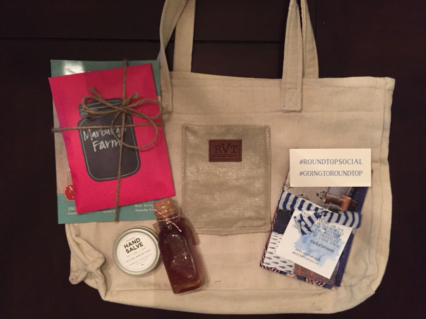 Swag bag heaven: Honey from Rohan Meadery, Hand salve from Manready Mercantile, Notebook from Mela + Roam, Tote & Koozie from Big Red Barn, Handmade Soap from the Gallery at Round Top, Succulent from The Garden Company, Where Women Create Magazine, Where Woman Cook Magazine, VIP Passes to Marburger Farm & Zapp Hall, and a custom tote bag from The Vintage Round Top.